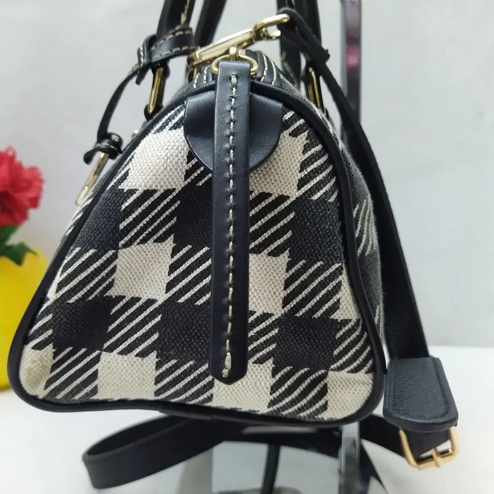 Dooney & Bourke Black White Checker Canvas Leather Trim Top Handle Satchel Bag